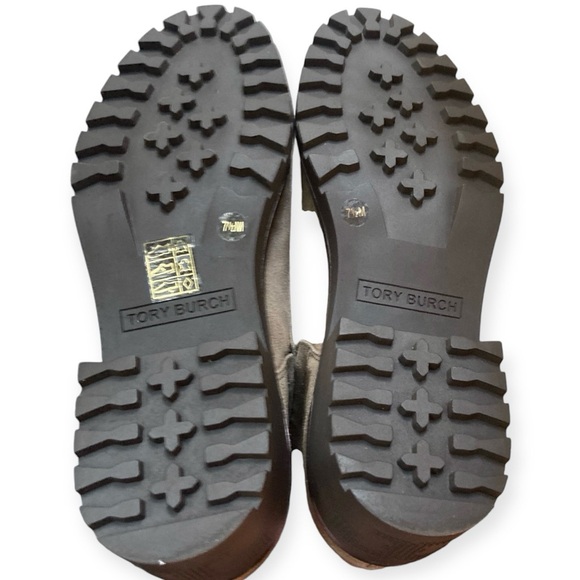 Tory Burch Suede Combat Lug Sole Lace Up Boots Nat River Rock Brown 85071 Gold - Picture 9 of 12